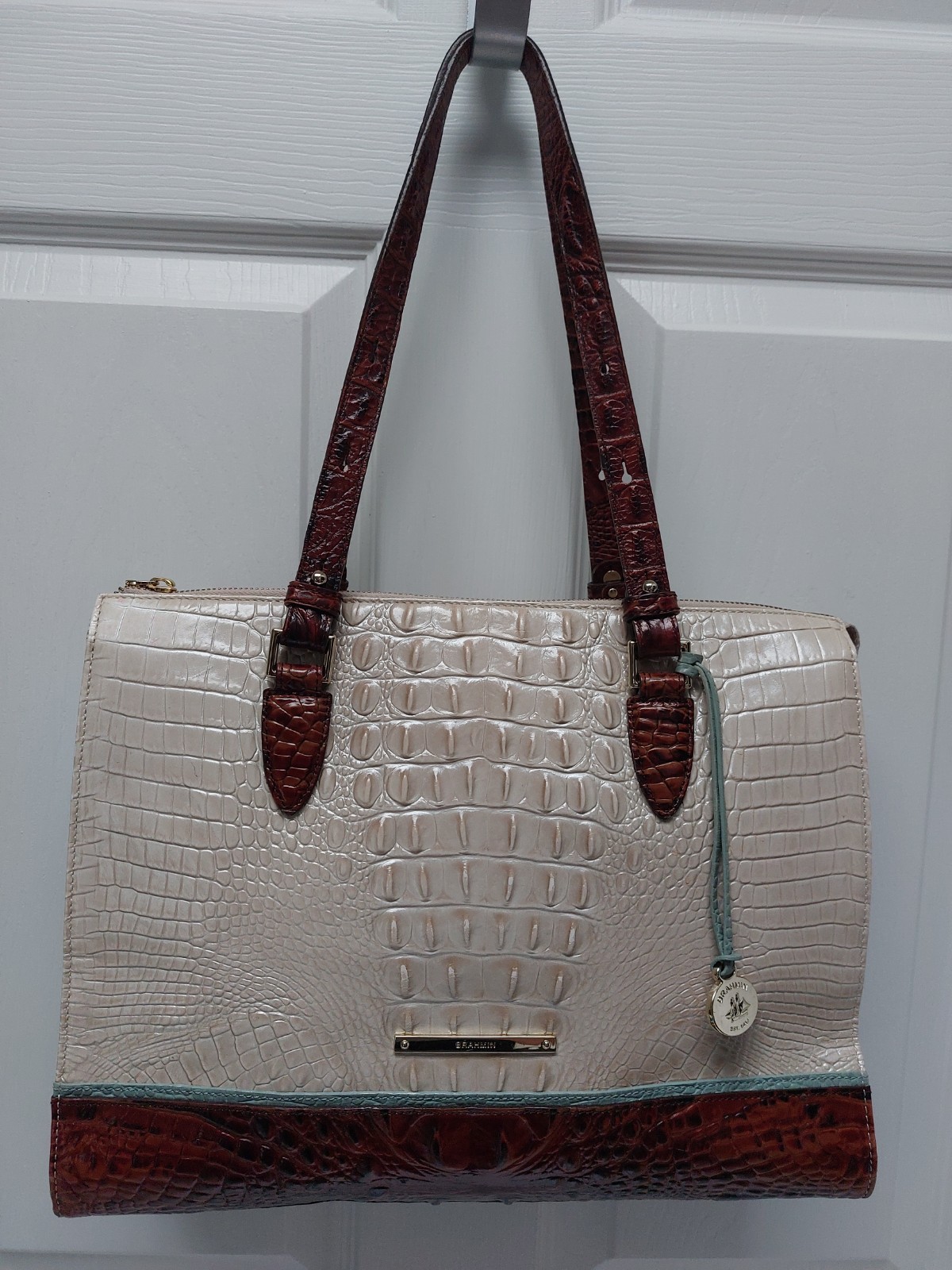 Brahmin Anywhere Tote Tri Color Vanilla Macaw Pecan Green Shoulder Bag Charm HTF