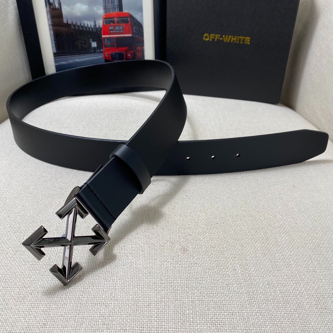 Authentic Off-White Men’s Leather Belt 3.8cm/1.5″ Width Dark Black/New