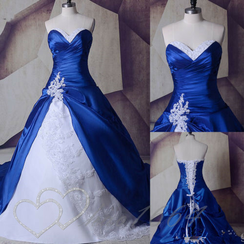 Royal Blue White Satin Ball Gown Wedding Dresses Lace Applique Long Train