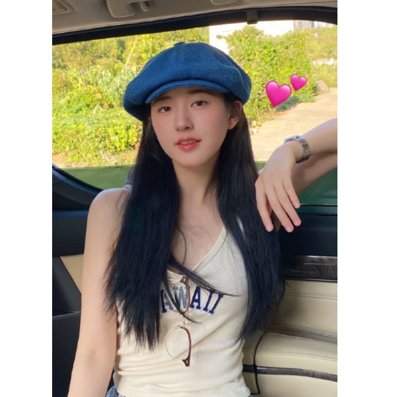 Denim blue octagonal breathable beret Japanese retro women fashion
