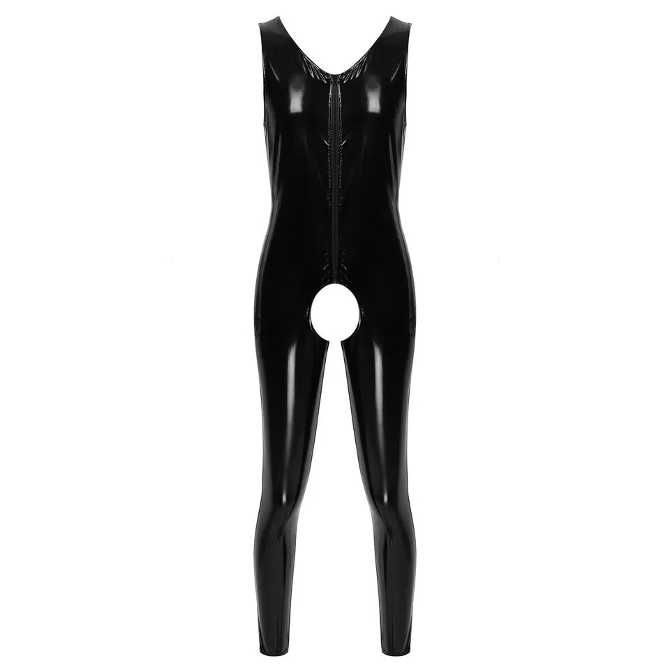 Men’s PVC Leather Wetlook Zipper Bodysuit Open Crotch Jumpsuit Latex Catsuit 7XL