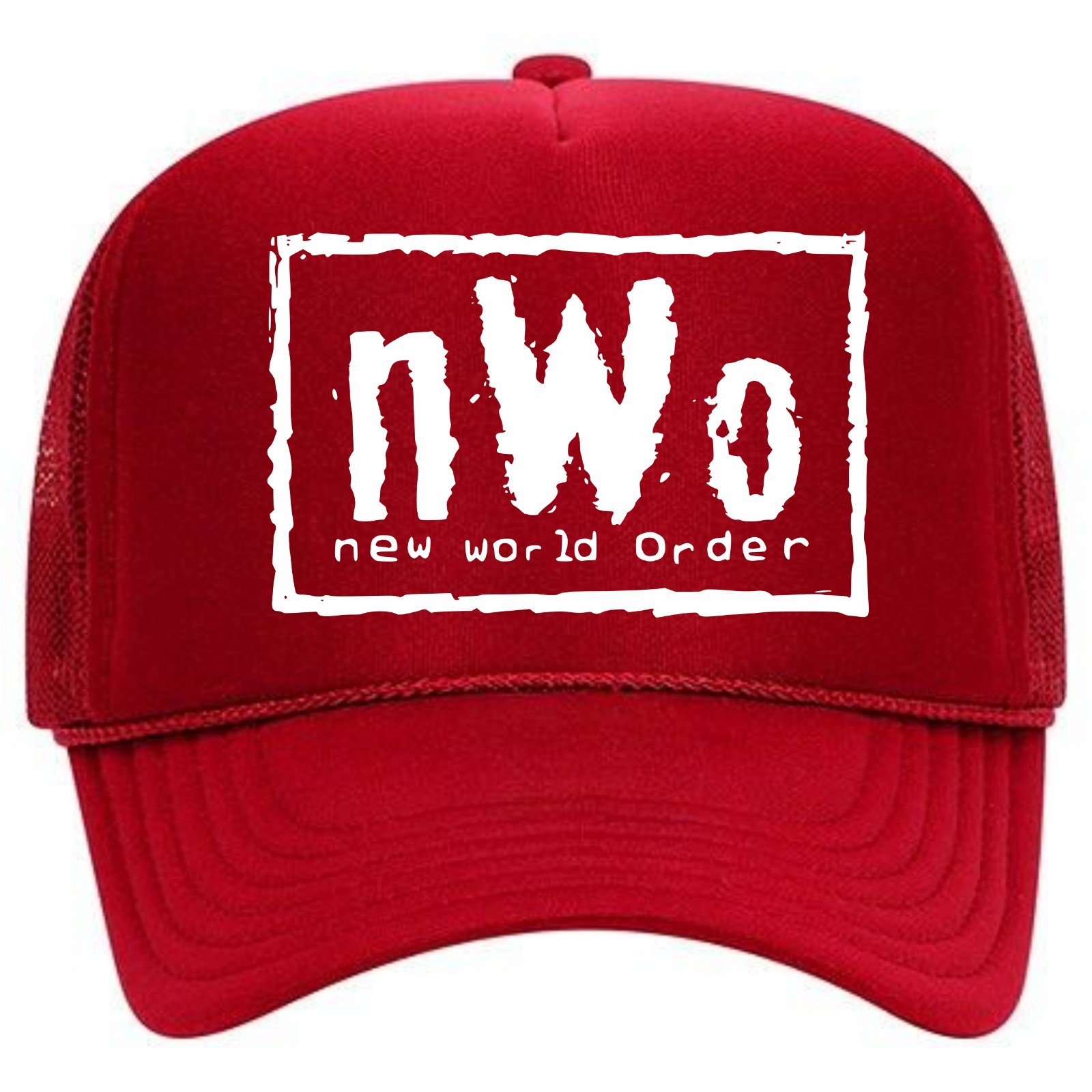 NEW WORLD ORDER NWO RED HAT 5 PANEL HIGH CROWN FOAM TRUCKER SNAPBACK