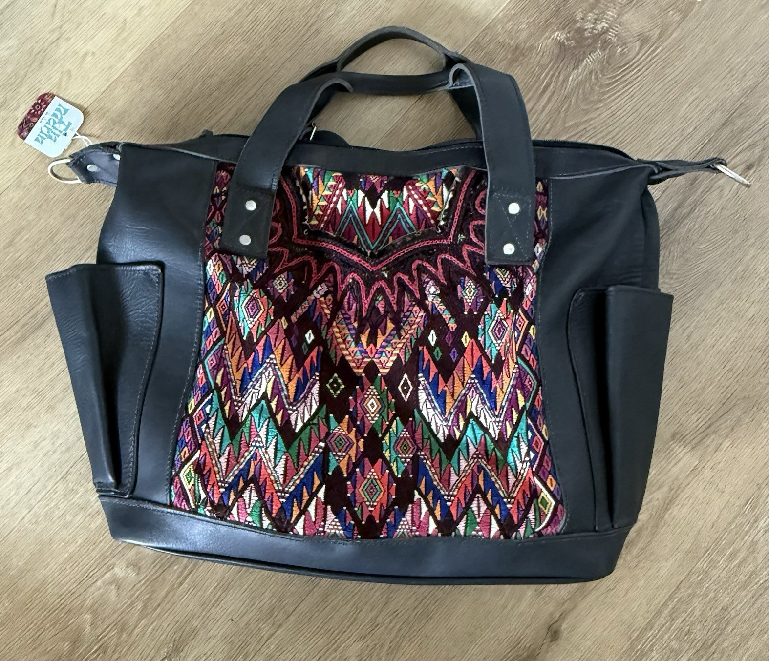 Women’s Black & Multicolor Tote Bag Zip Top Detachable Strap & backpack Pockets