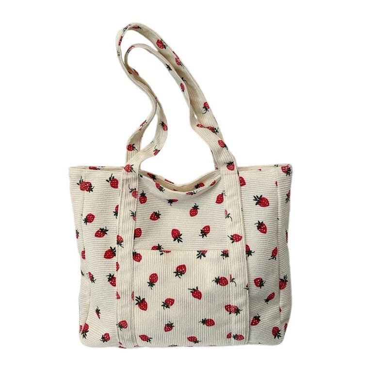 NEW CUTE STRAWBERRY CORDUROY SHOULDER TOTE BAG WITH ZIPPER ALL OVER PRINT