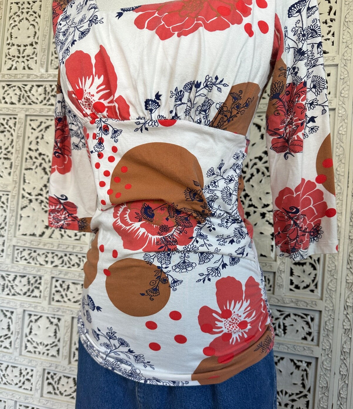 Cabi Square Neck Floral Ruched 3/4 Sleeve Blouse Sz Medium