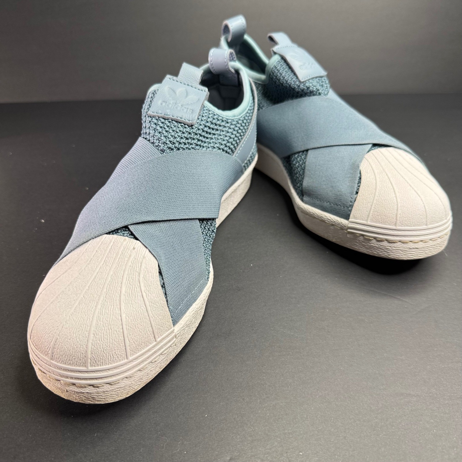 Adidas Superstar Slip-On Ash Grey Blue Knit Shell Toe Sneakers AQ0869 Womens 9
