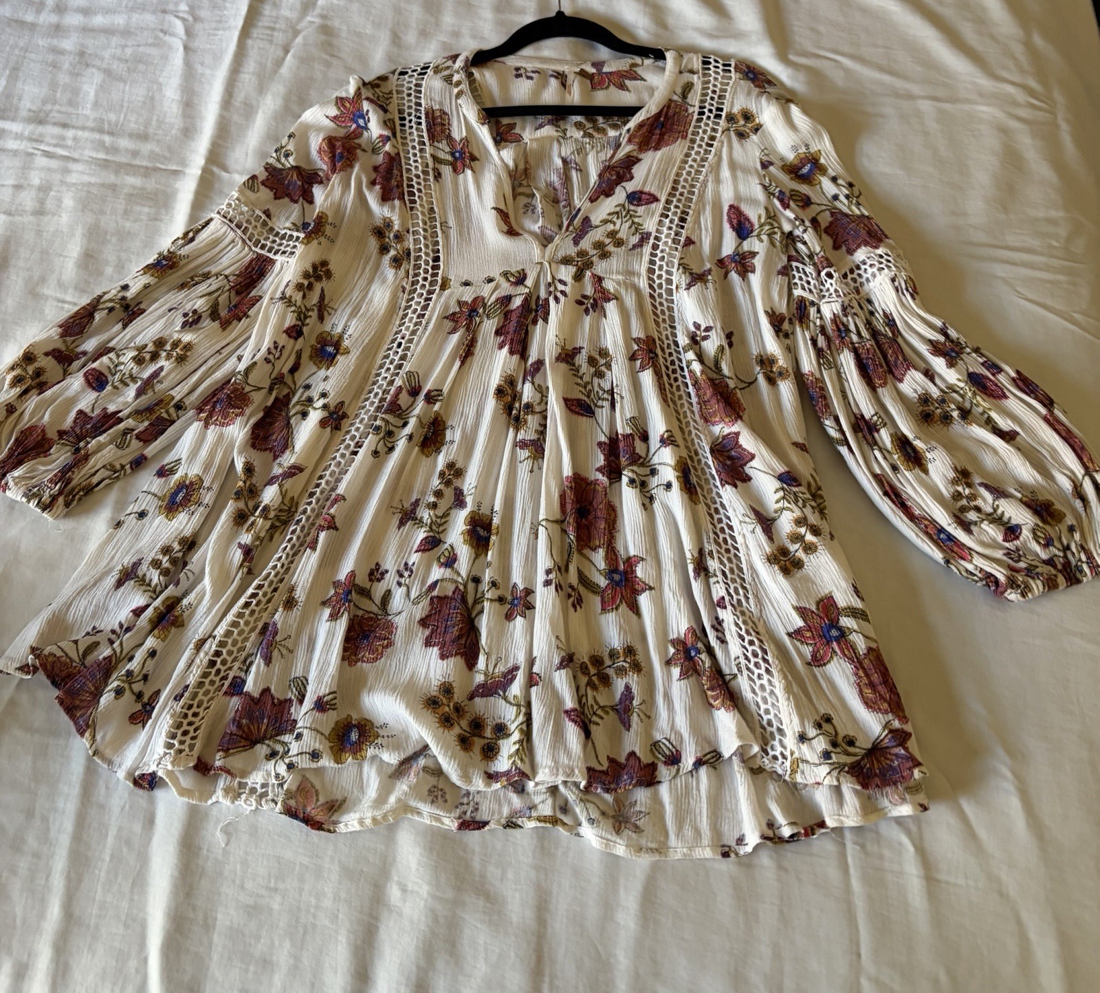 Free People Floral Boho Peasant Blouse V-Neck Balloon Long Sleeve Viscose Size S