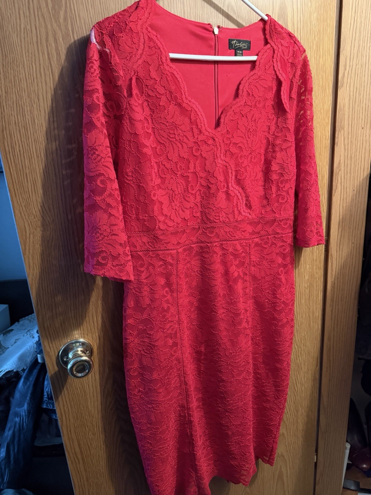 Thalia Sodi Red Floral Lace V-Neck 3/4 Sleeve Knee Dress Zip Size M/M