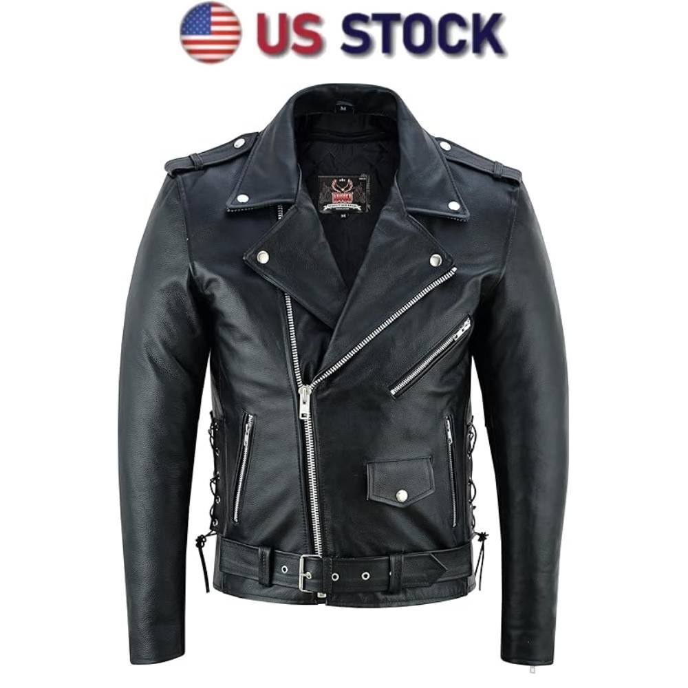 Men’s Motorcycle Leather jacket Genuine Buffalo Skin Brando Style Black Biker