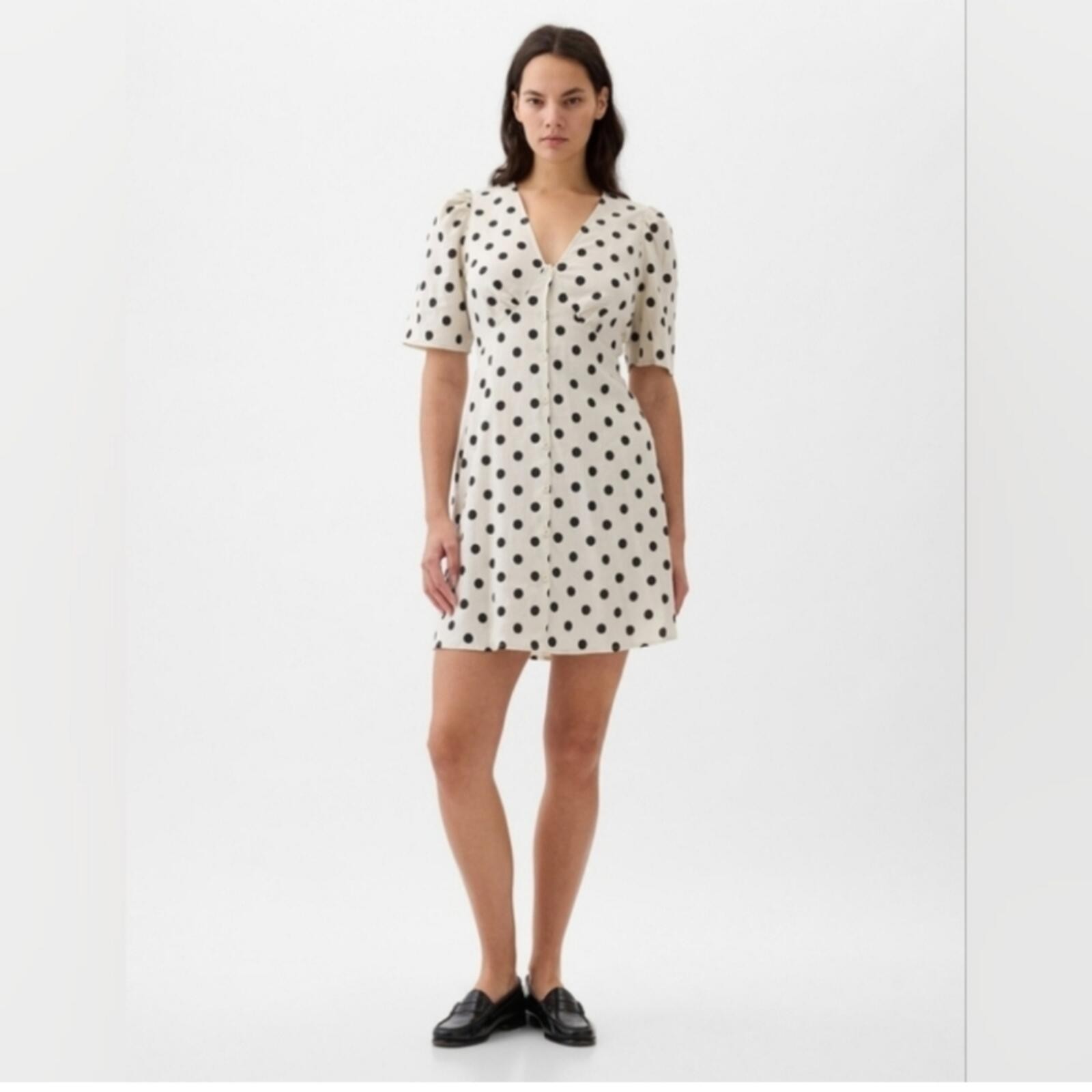 NWT Gap Linen-Blend Button Mini Dress Polka Dot white black MEDIUM sundress