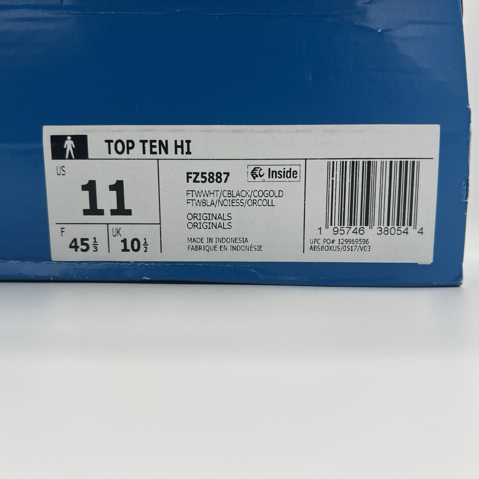Adidas Originals Top Ten Hi FZ5887 White Blue Gold Mens US11 UK 10.5 Damaged Box