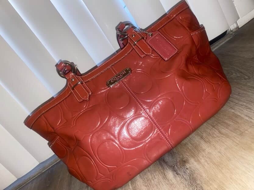 Coach Large Patent Logo Shoulder Bag Red Zip Top w/ Detachable Strap, Pockets