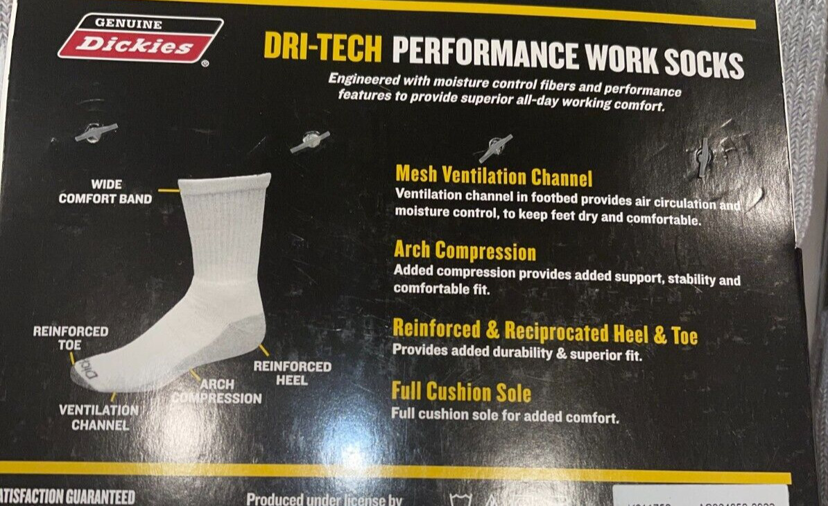 DICKIES FLEX DRI-TECH CREW PERFORMANCE WORK SWEAT FIGHTING SOCKS 6-12 3 PAIRS