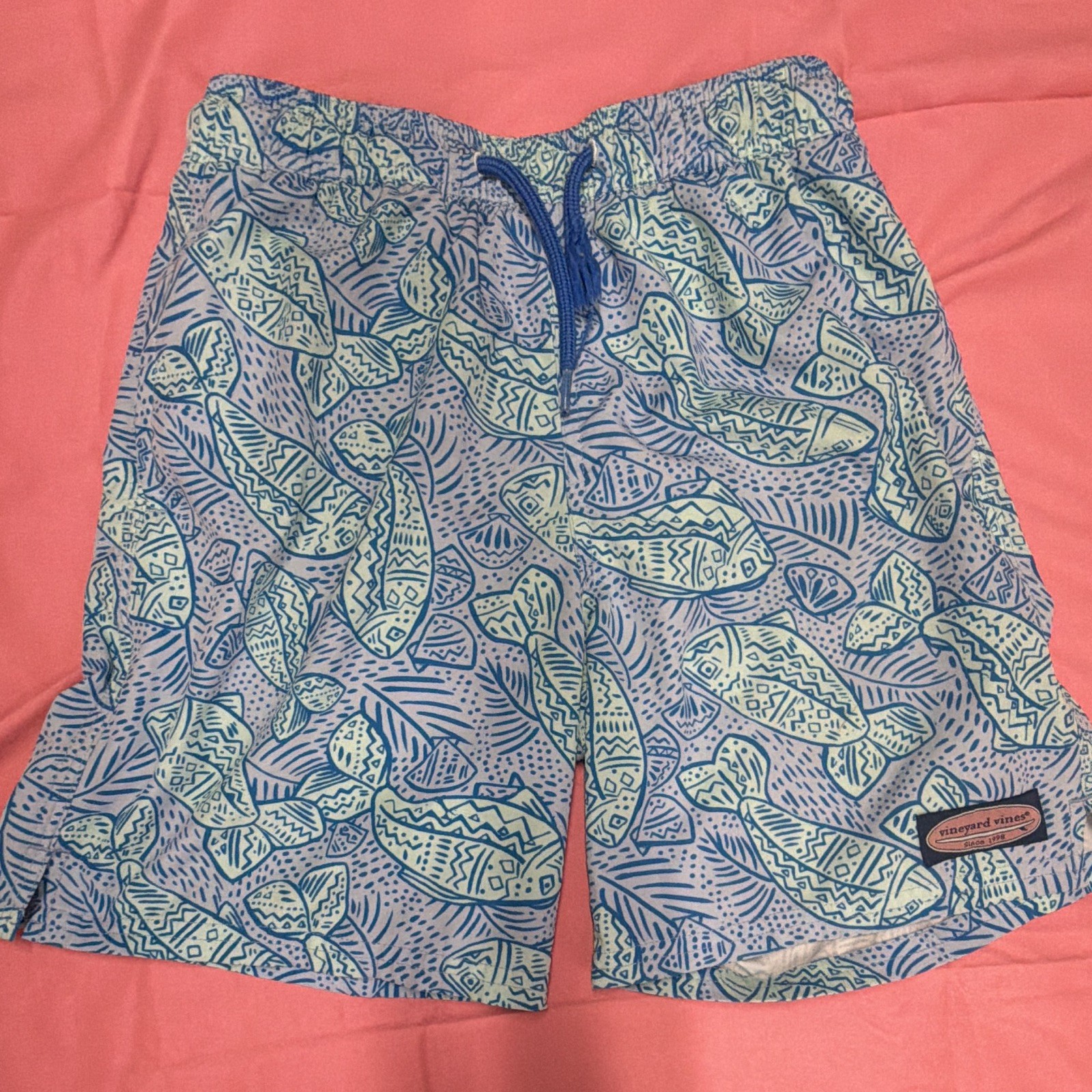 Vineyard Vines Men’s Blue/Green Fish Print Swim Trunks, Mesh Lined, Size S