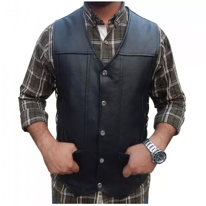 ARD CHAMPS™ Men’s Black Genuine Leather 10 Pockets Motorcycle Biker Vest