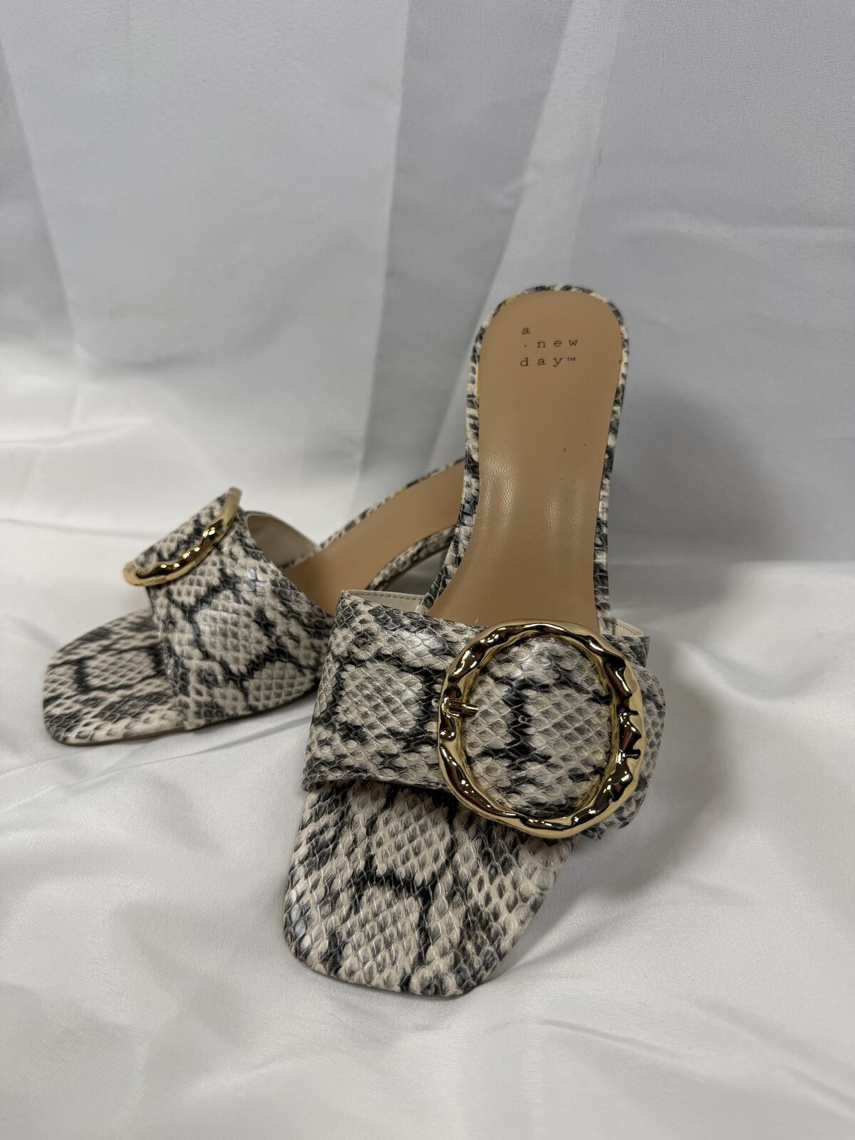 A New Day Snakeskin Print Mule Slides with Gold Buckle, Size 8