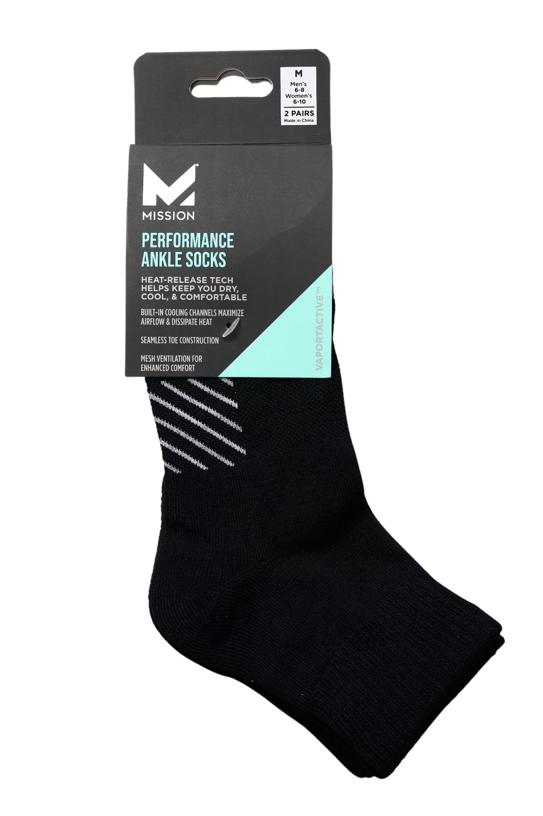 Mission Performance Ankle Socks 2 Pairs Black Size Medium Men’s 6-8/Women’s 6-10