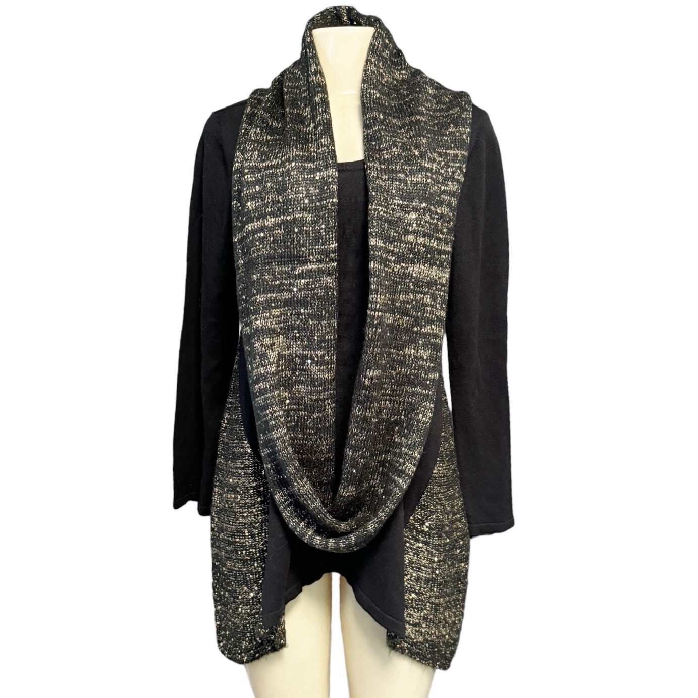 Style&Co Black Women Knit Asymmetrical Tunic Heathered Gold Removable Scarf M
