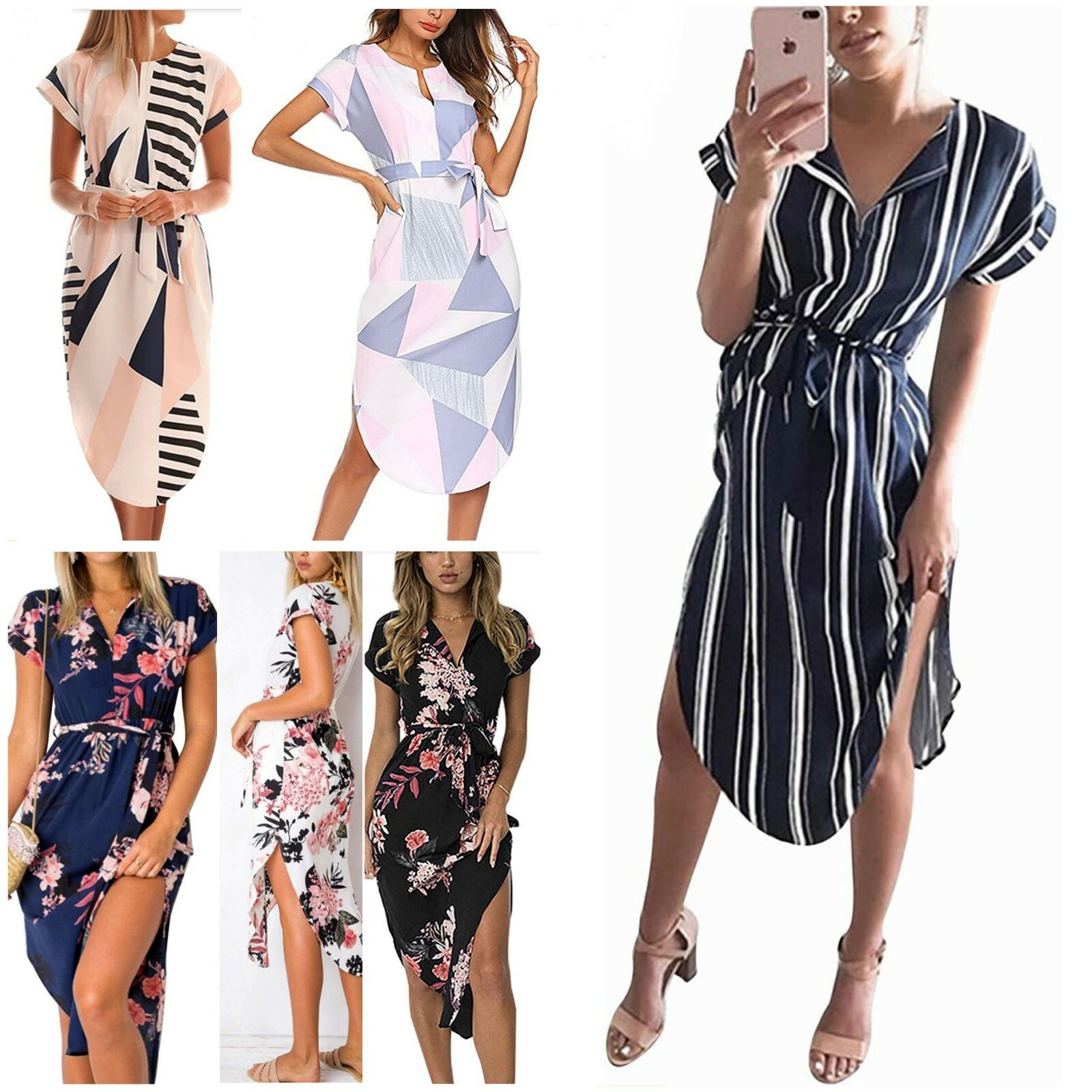Women’s Casual Floral/Geometric Pattern Short Sleeve Spring-Summer Dress w/ Belt