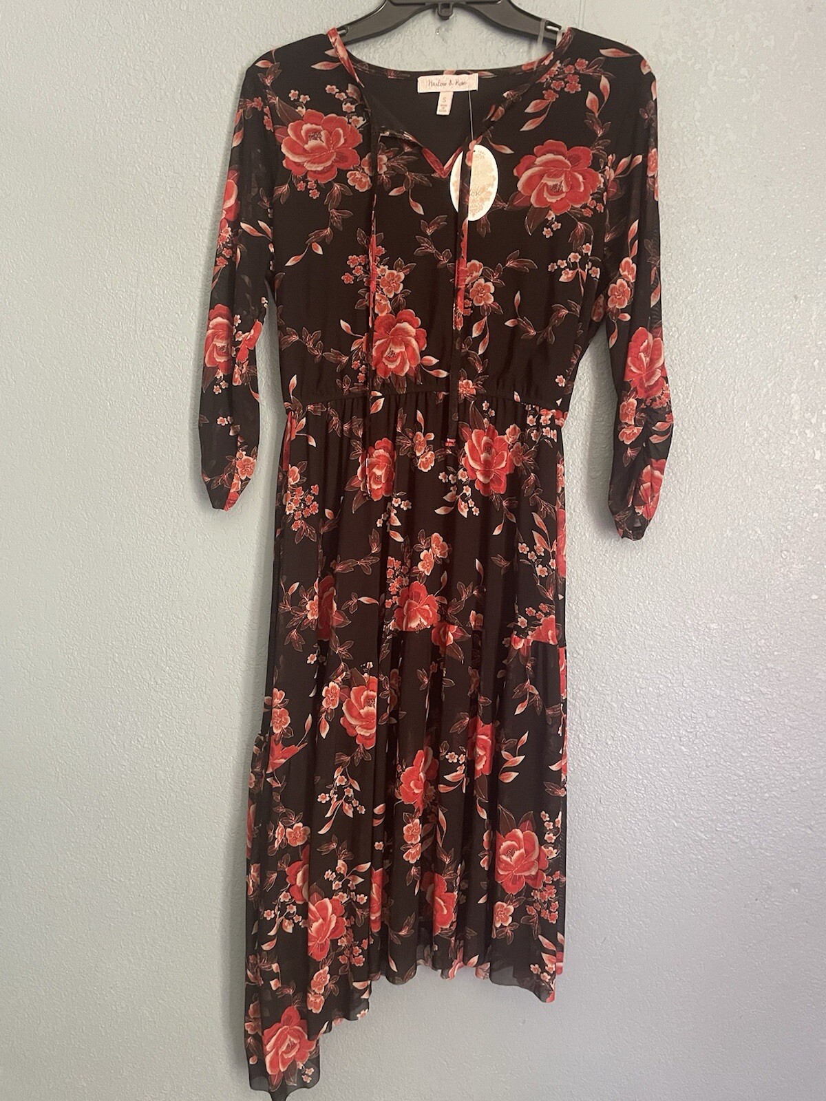 Harlow & Rose Black W/ Red Flowers Dress Size S Fully Lined
