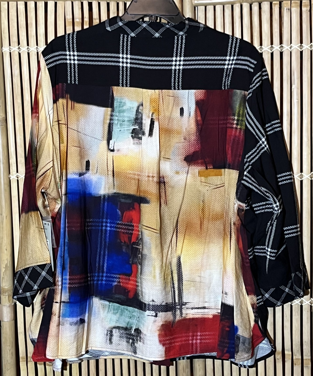 NWT ALI MILES 3X Woven Abstract Multi Checked Stand Collar Button Tunic Top