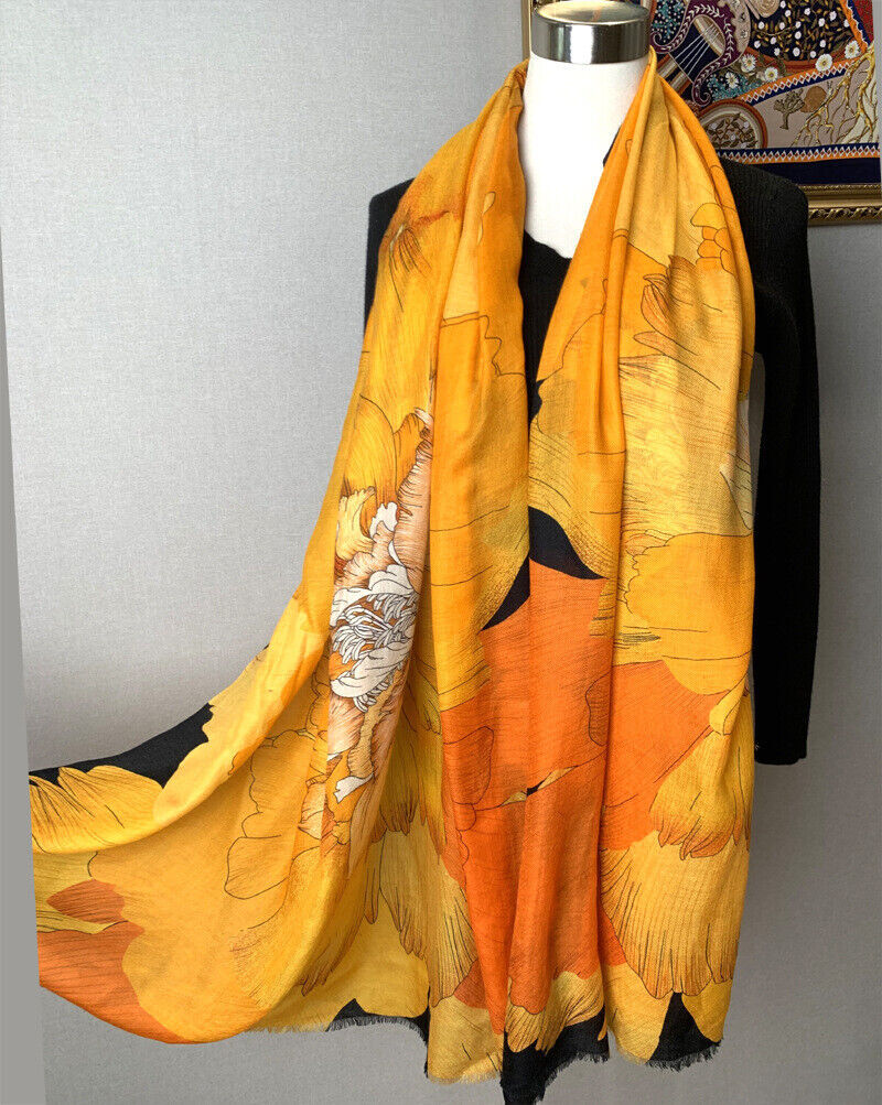 Pure Cashmere 300s Scarf Wrap Shawl Flowers Print Soft Delicate Light 78″*39″