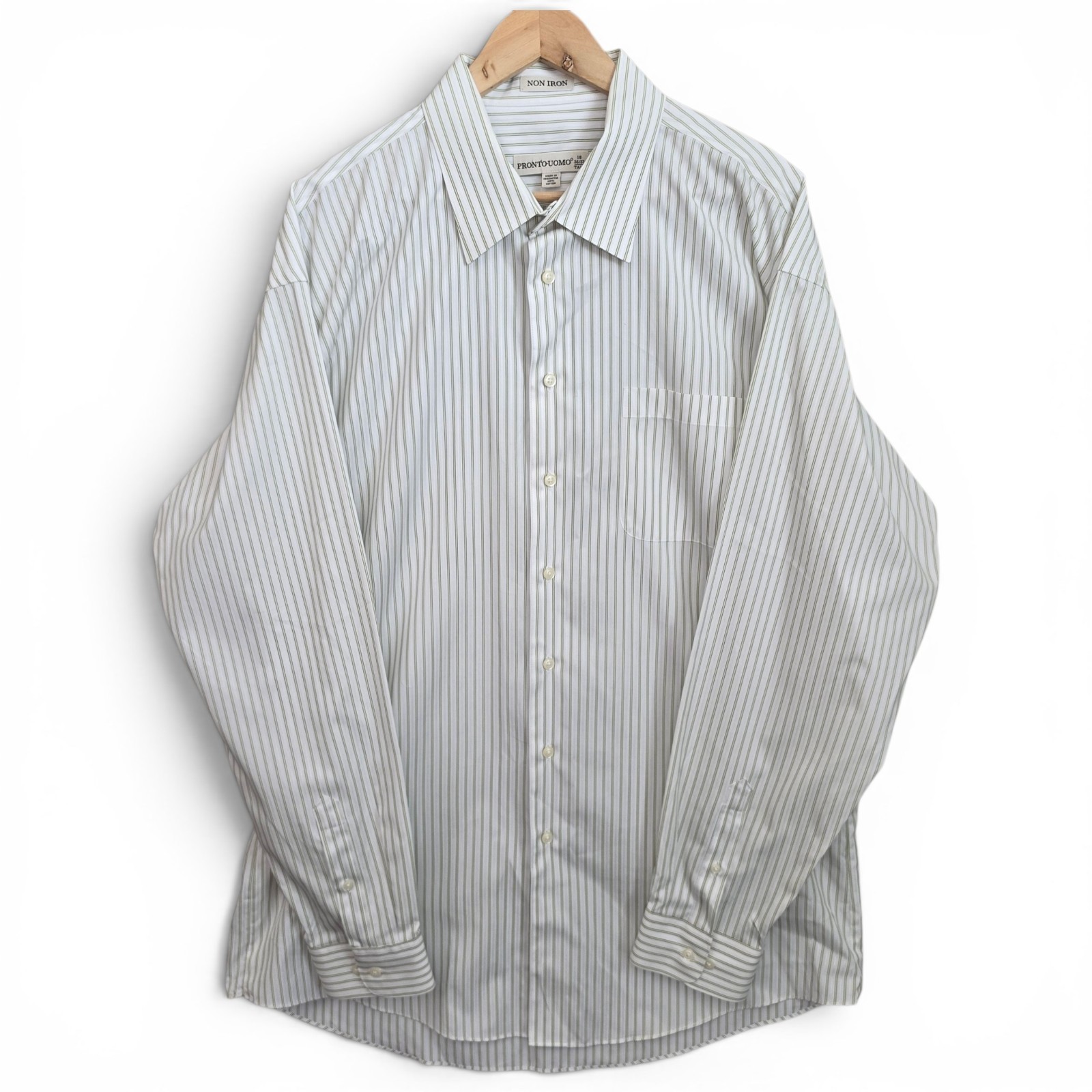 Pronto Uomo Dress Shirt Mens 18 36/37 Tall Off White Striped Button No Iron