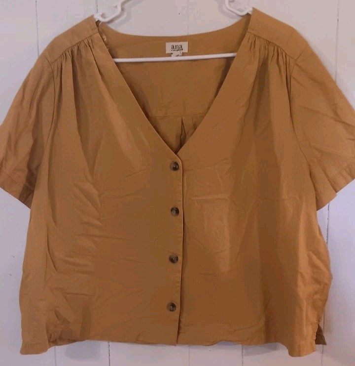 A New Day Boxy Top Womens XL Button Up 100% Cottton Mustard Top Lightweight