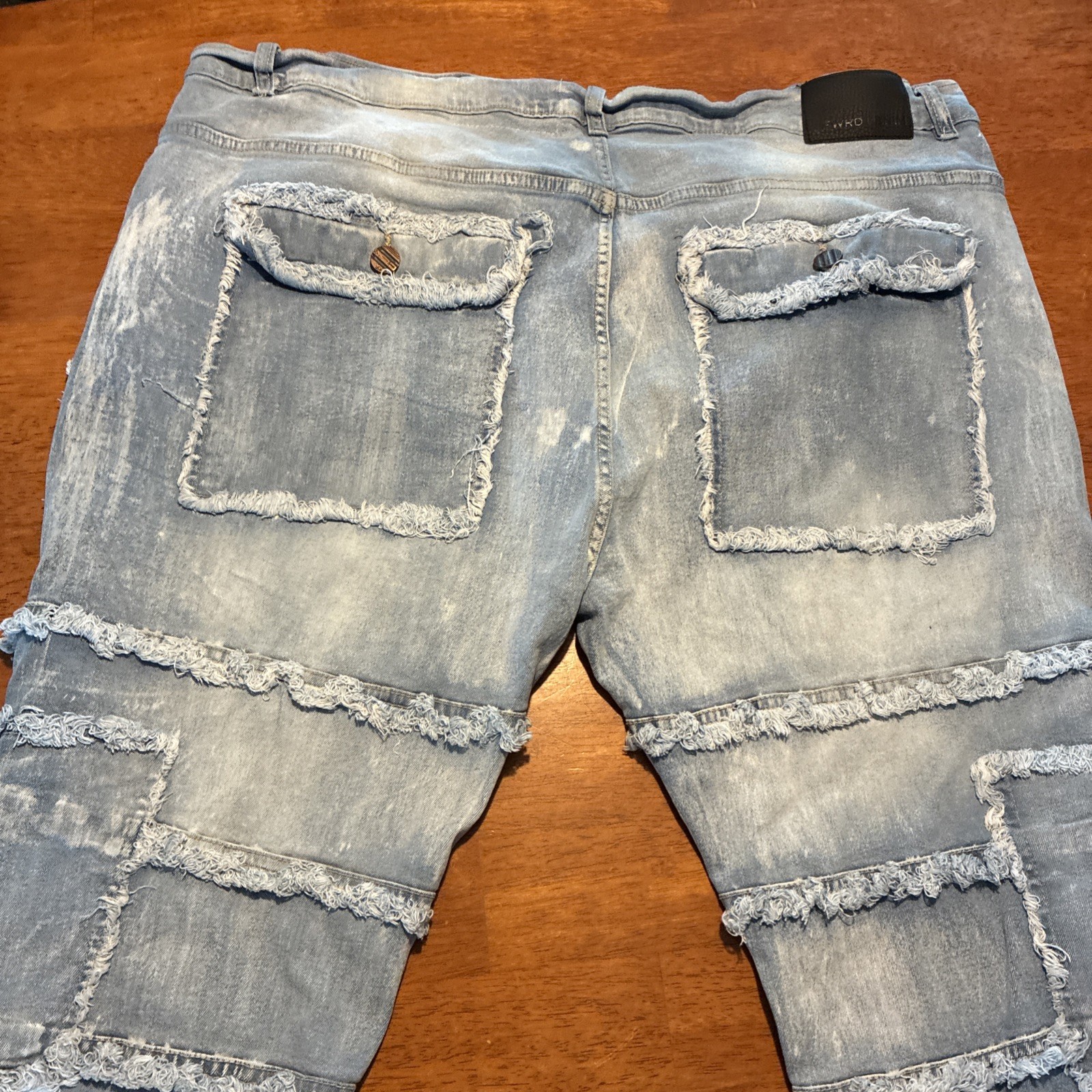 FWRD DENIM Stacked Fit Distressed Light Blue Jeans Fringe Studded Men’s