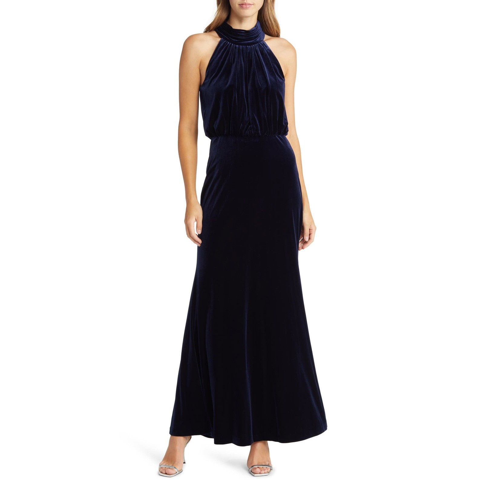 Eliza J Navy Blue Velvet Halter Neck Maxi Gown EJ1M9028 Womens 8 NWT