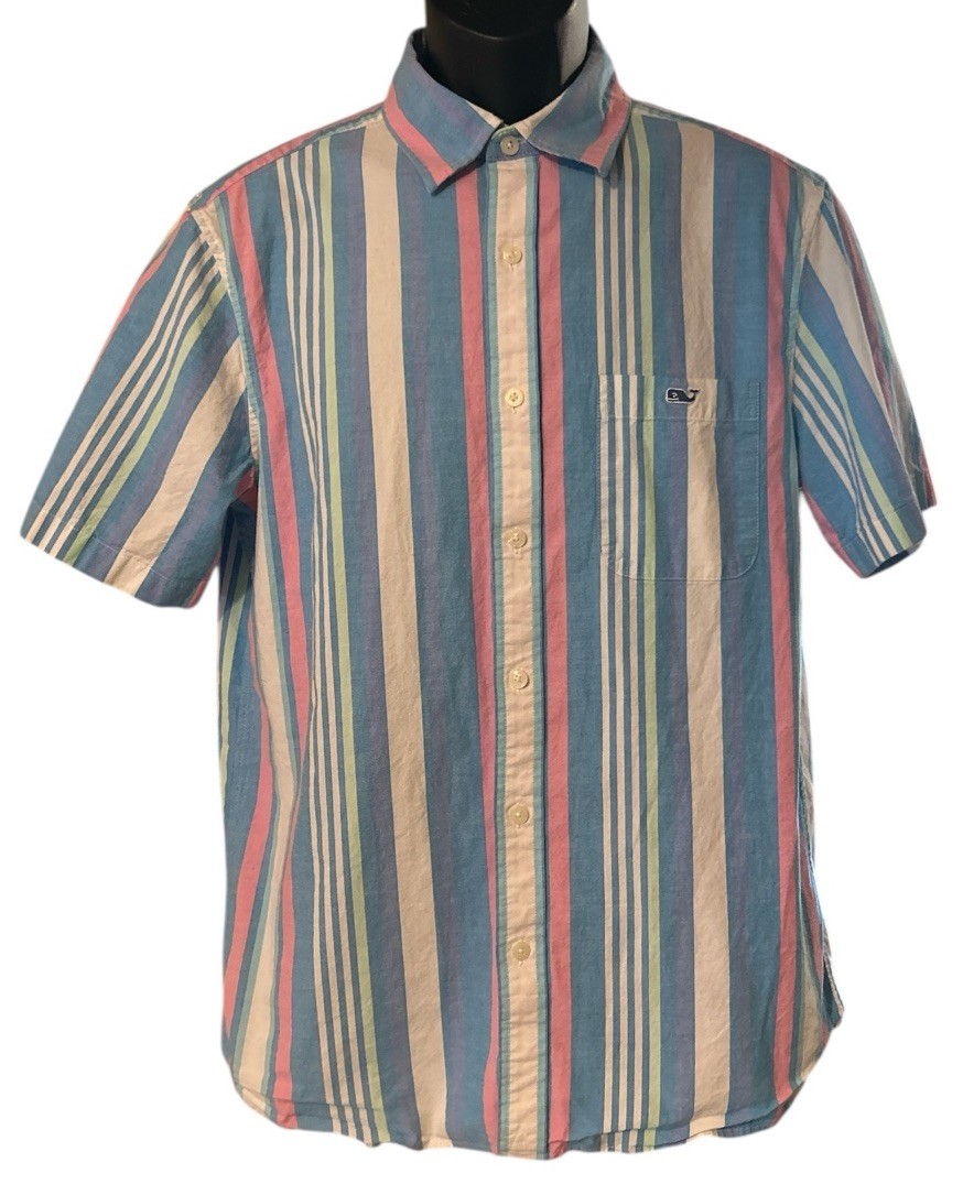 Vineyard Vines Shirt Men’s Sz M Blue White Red Green Wide Stripe Cotton SS Camp