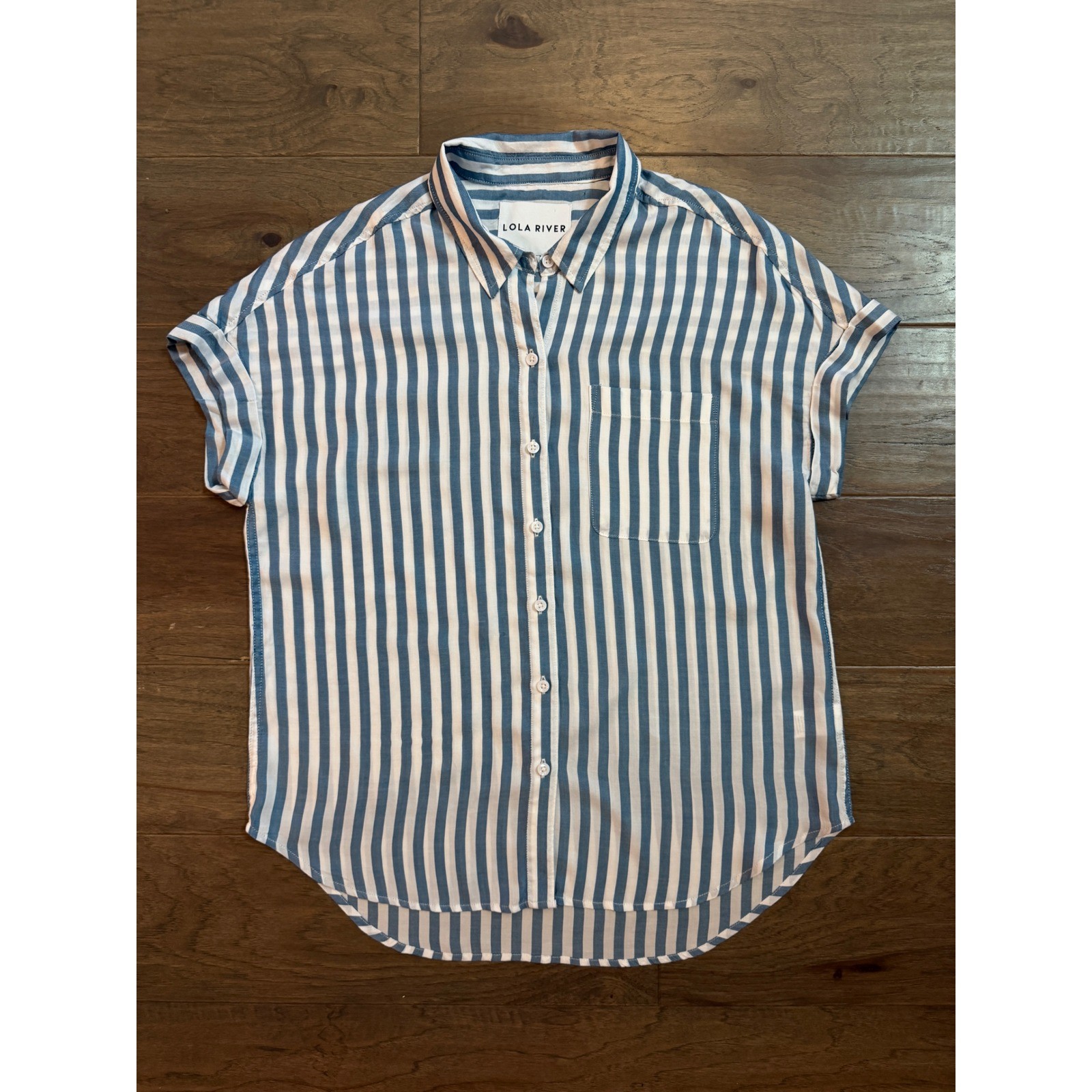 Lola River Womens Blue White Striped Tencel Short Sleeve Button Down Shirt M