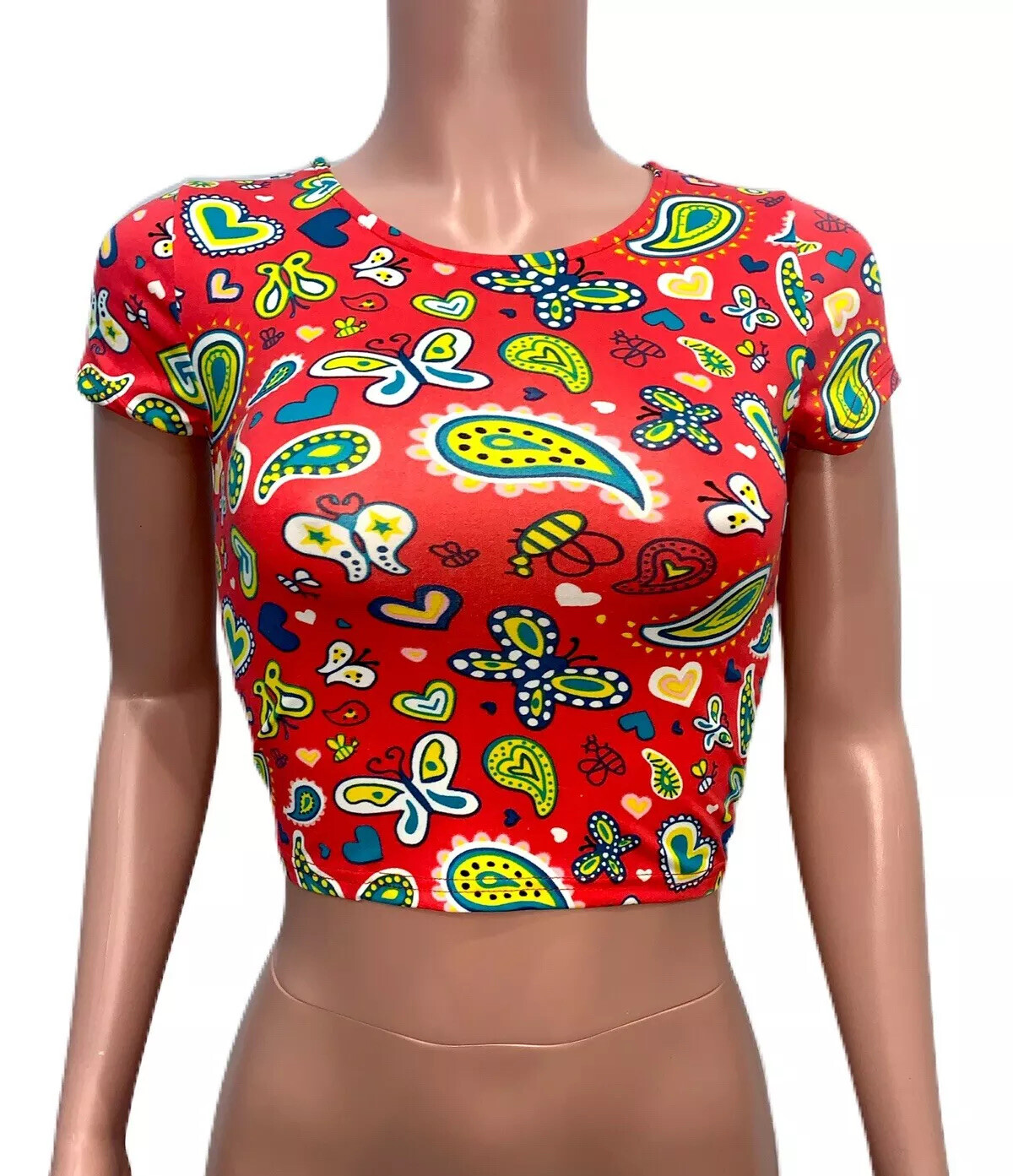 Y2K Butterfies Heart Tight Stretchy Crop Baby Tee Shirt Top New Raver barbiecore