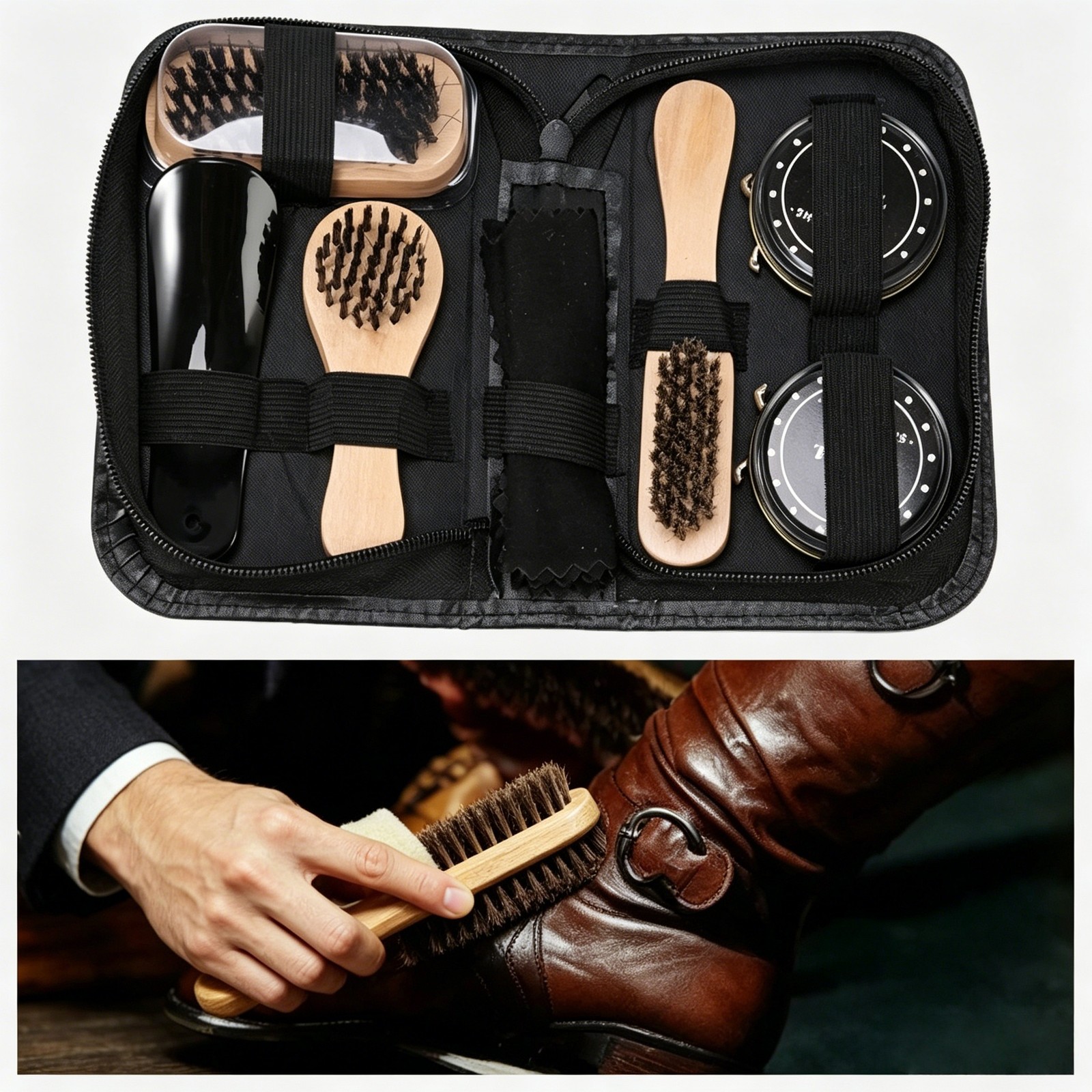 Leather Boots Shoe Polish Care Kit 3 Brushes Cleaner Shine For Footwear Set