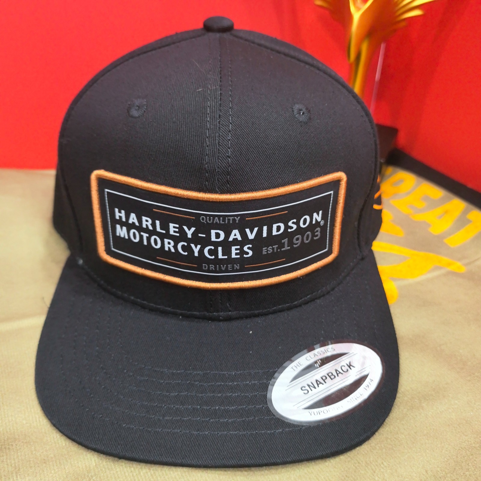 Harley-Davidson Orange-Bordered Patch Logo Flat-Brim Cap Black Adjustable