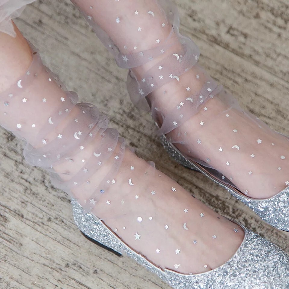 Women Mesh Fishnet Lace Ruffle Socks Sheer Silky Glitter Short Ankle Stockings