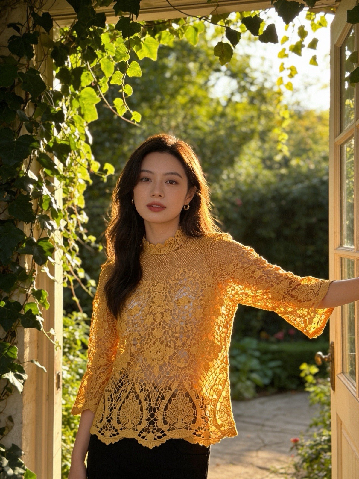Bold Elements Yellow Floral Lace Sheer High Neck 3/4 Bell Sleeve Blouse M