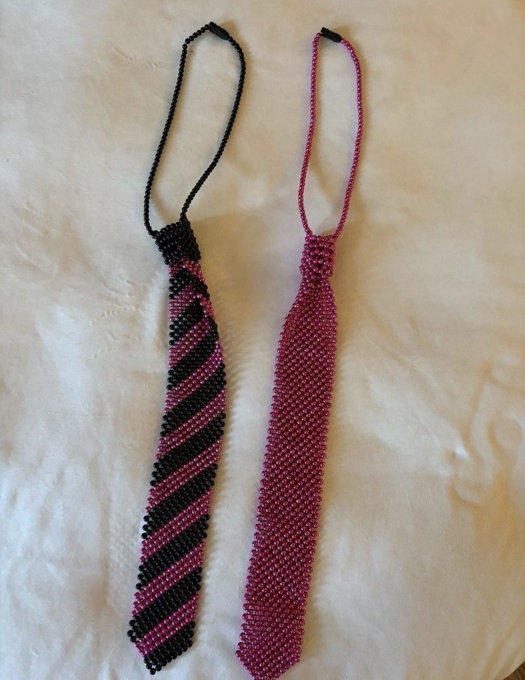Set of 2 Vintage Beaded Neckties Black and Pink Striped and Solid Pink