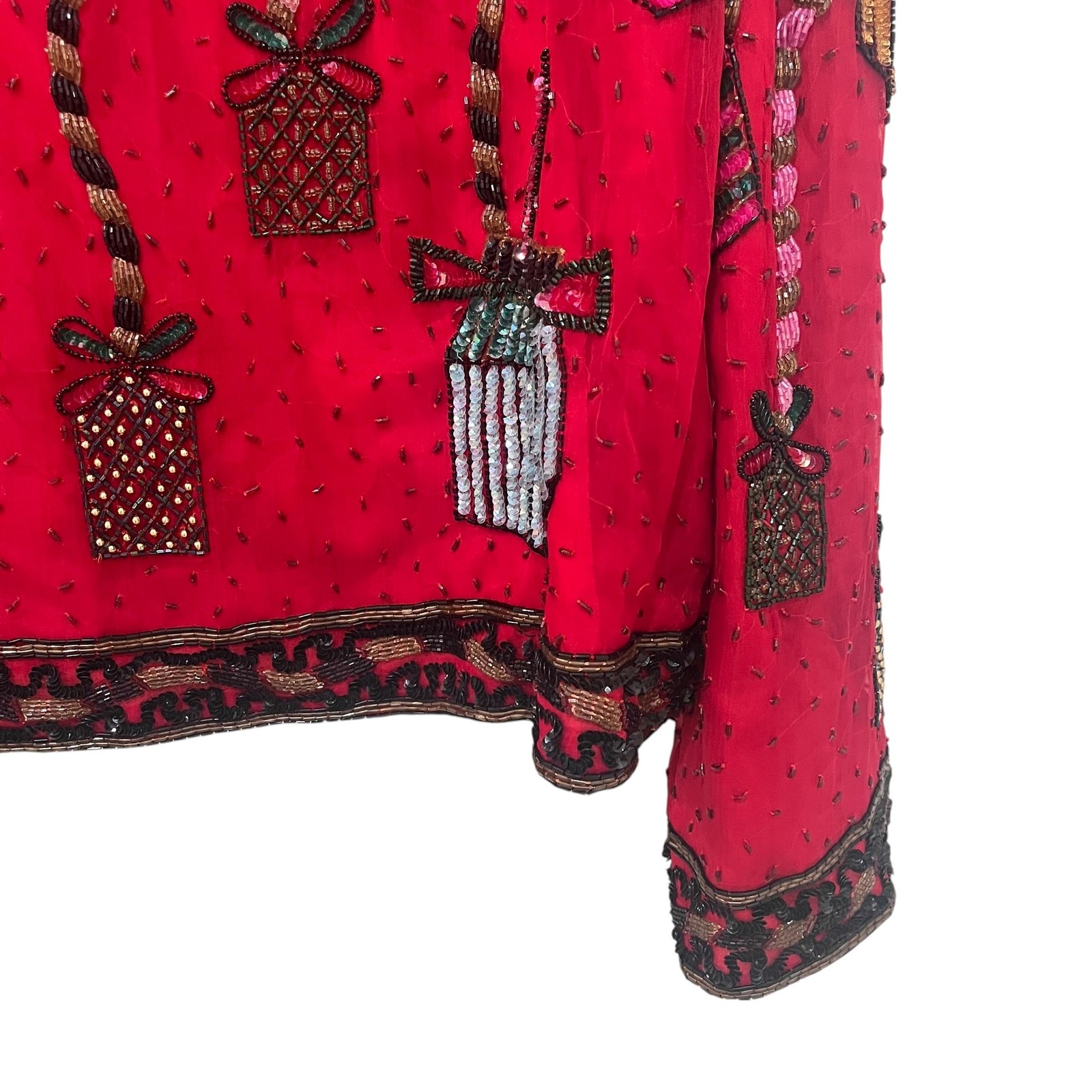 Vintage Scala Beaded Jacket Womens Red Sequin Holiday Party Gift Present L-XL