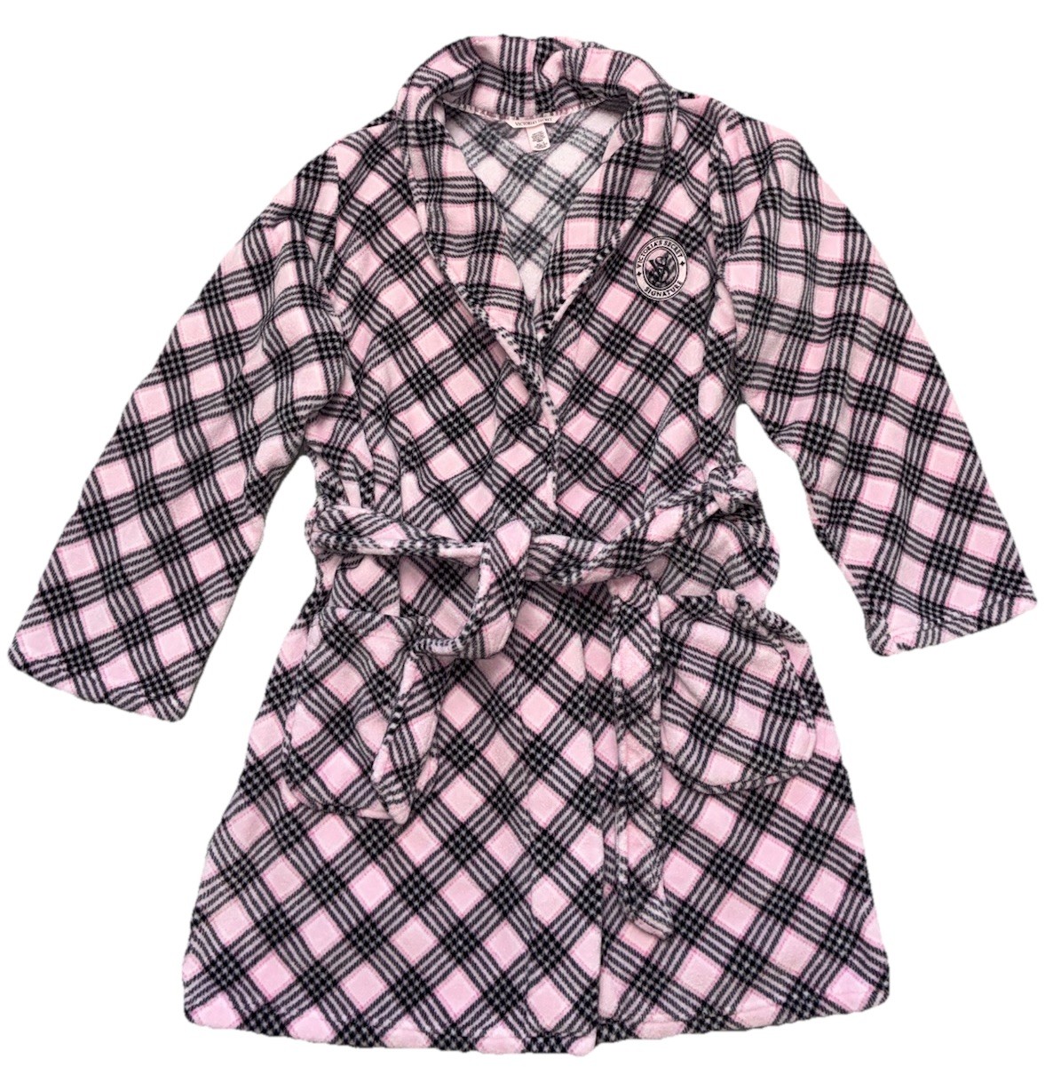 Victoria’s Secret Short Cozy Robe M/L Pink Plaid Plush Fleece Lounge *flaw