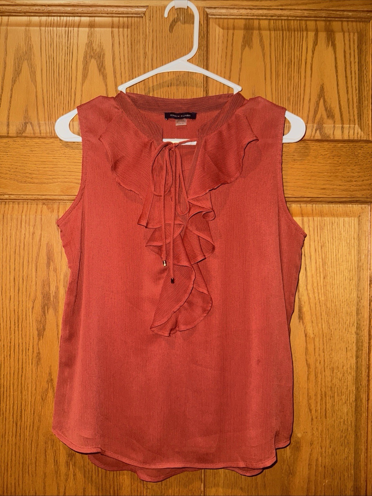 Sleeveless Ruffled Keyhole Tie Blouse Rust Brick Flowy Semi Sheer Small Tommy