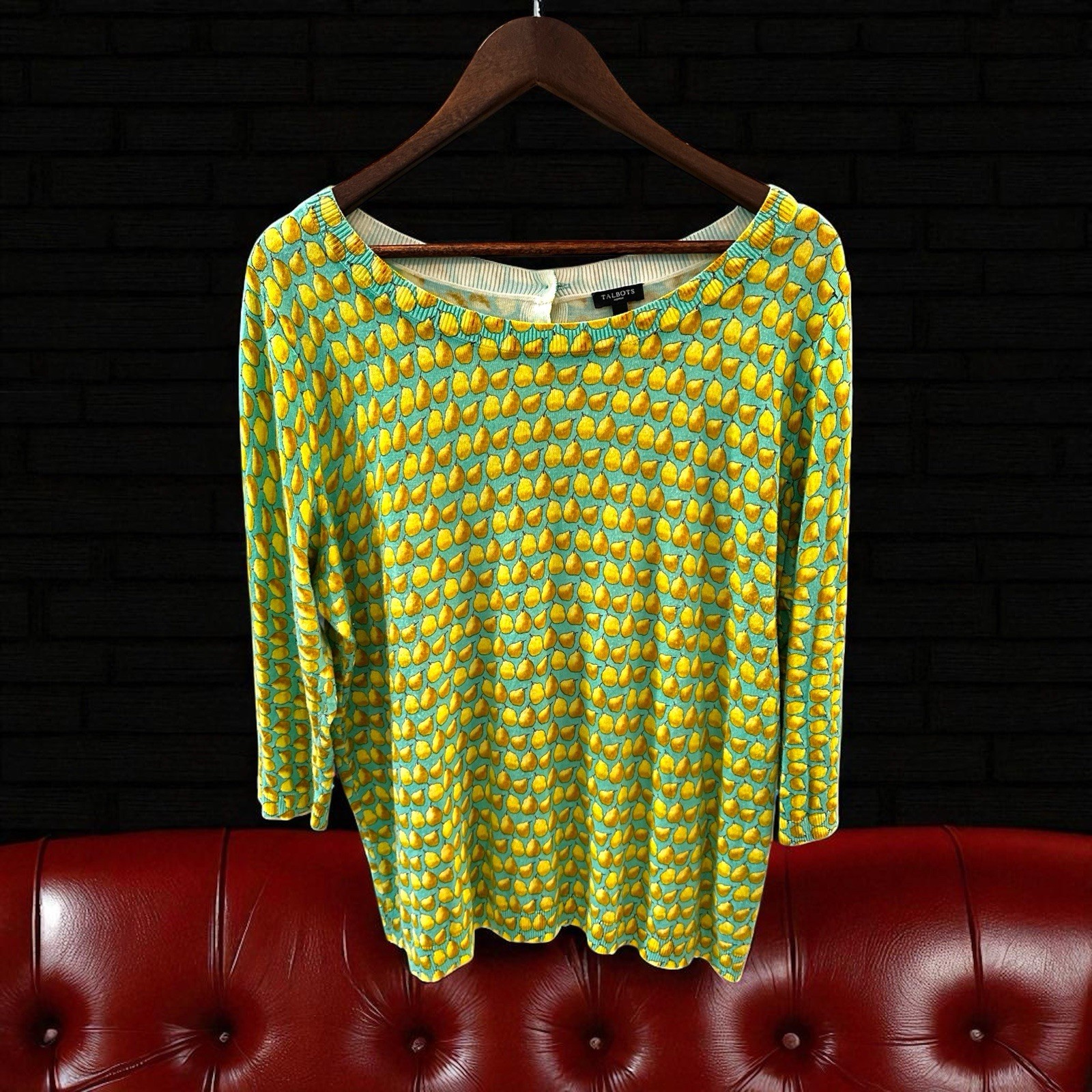 Talbots Pear Novelty Print Button-Back 3/4 Sleeve Boat Neck Sweater Size 1X