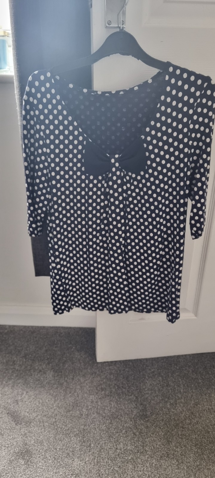 Navy Blue & White Polka Dot 3/4 Sleeve Top with Bow Detail