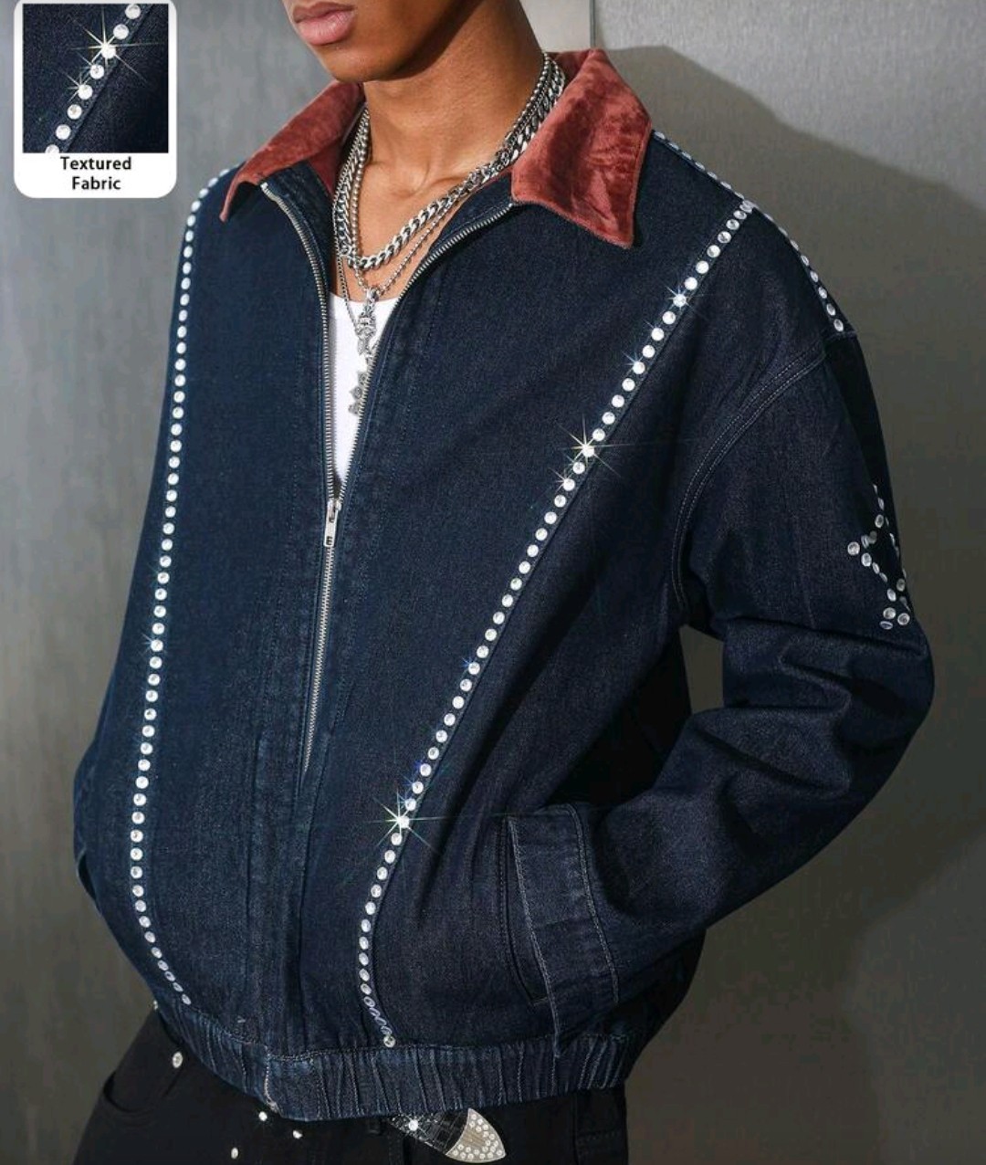 New Men Luxury Diamond Star Rhinestones Denim Navy Blue Zip Jacket High Quality