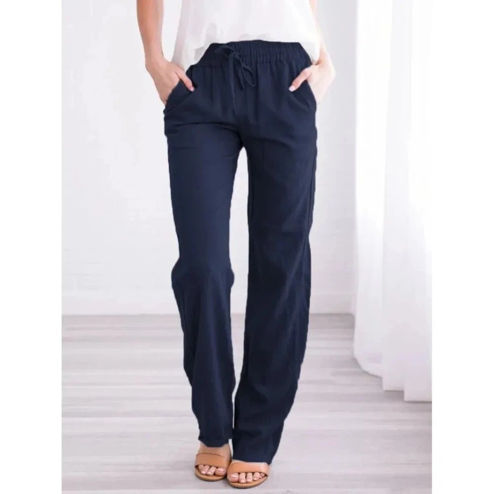 Women Cotton Linen Drawstring Pants Elastic Waist Loose Straight Leg Trousers