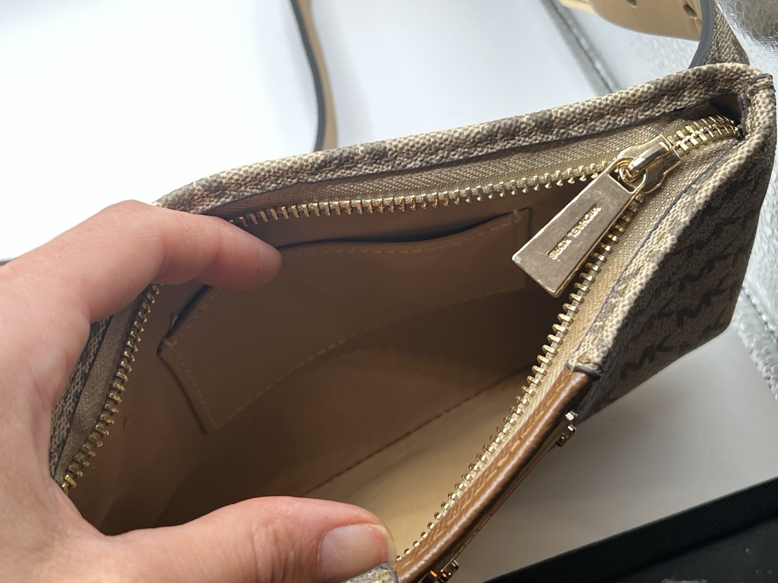 Michael Kors Logo Belt Bag Beige Brown Zip Closure Inner Pockets Designer