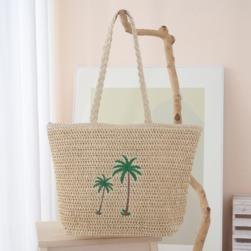 Women Coconut Tree Pattern Large Capacity Solid Color Straw Shoulder Bag For