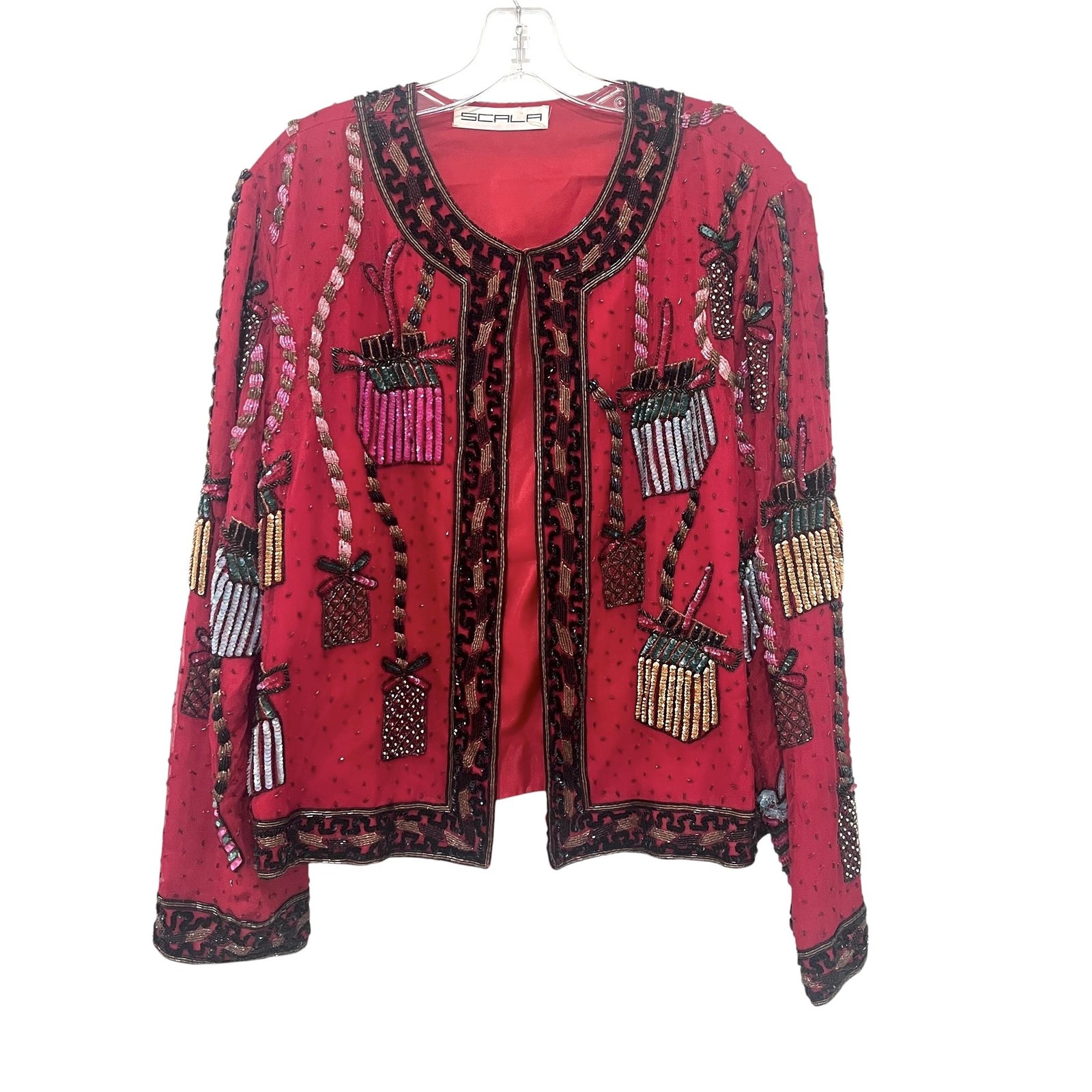 Vintage Scala Beaded Jacket Womens Red Sequin Holiday Party Gift Present L-XL