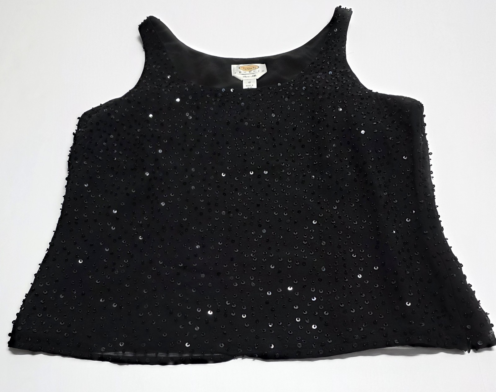 Talbots Chic Evening Party Sequin Silk Overlay Sleeveless Tank Black 10P $110