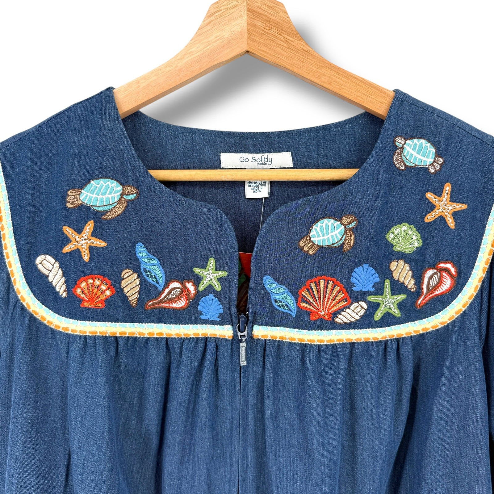 Go Softly Denim Embroidered Turtle Shell Patio Dress Sz XL Sea Life Full Zip